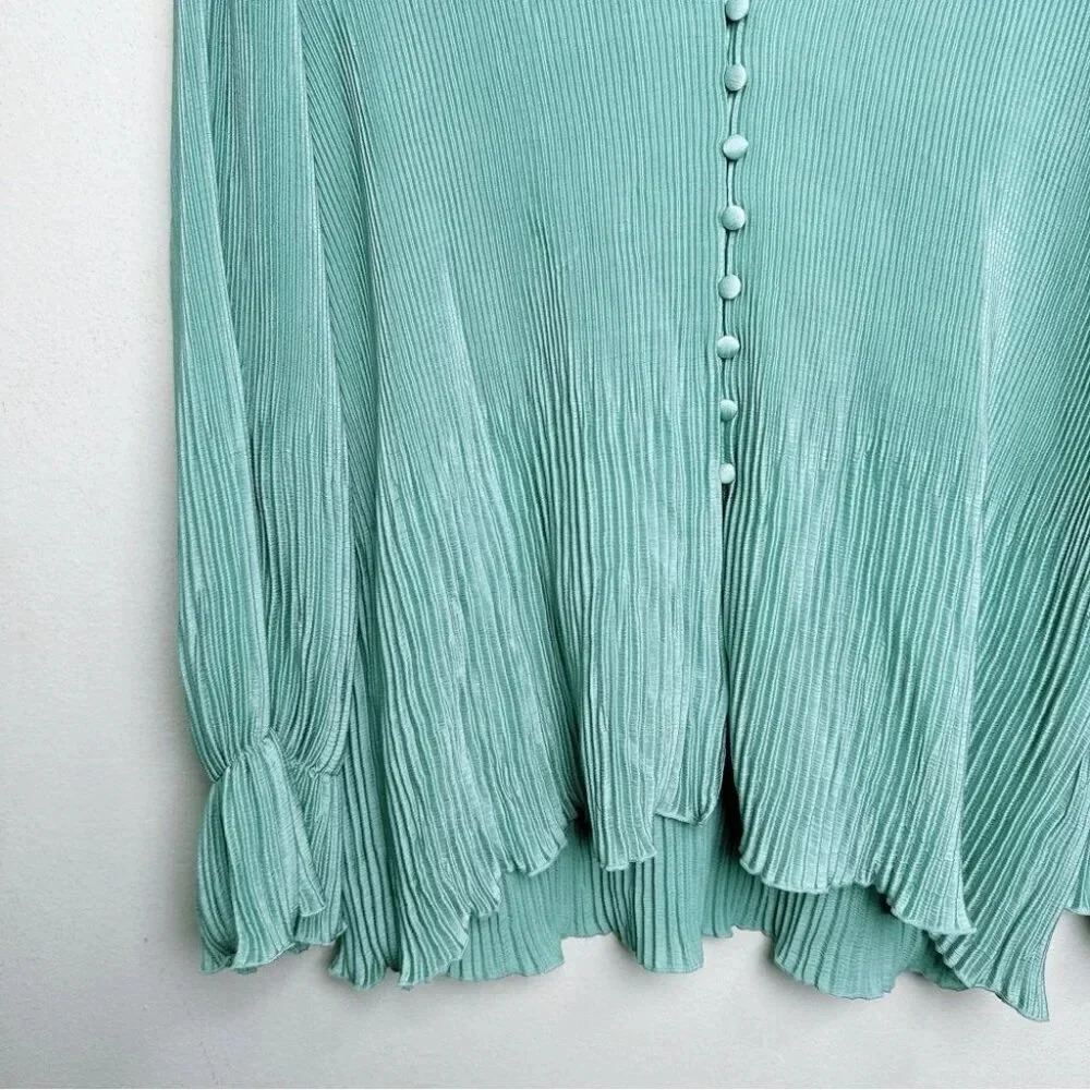 Zara Womens Size Small Pleated Green Button Blouse - Picture 8 of 14